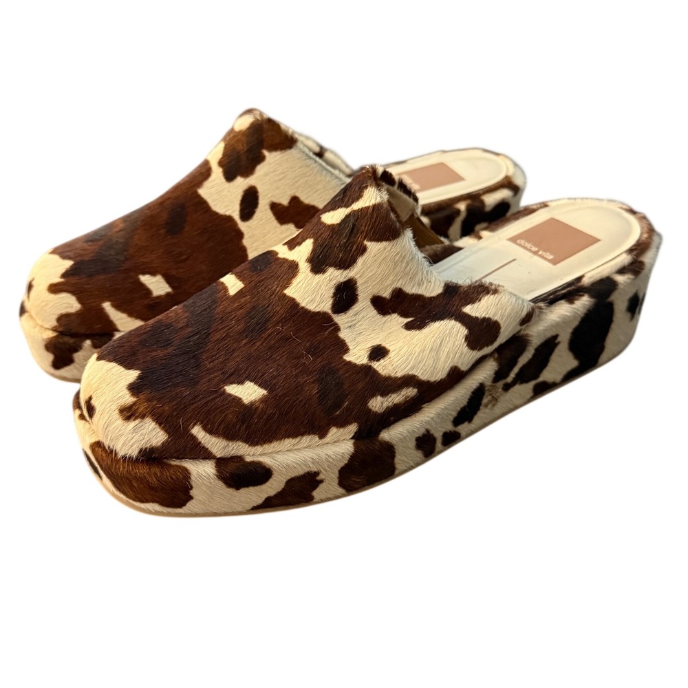 Dolce Vita Rosita Cocoa Taurus Calf Hair Mules Women 8 Cow Print Platform Slides